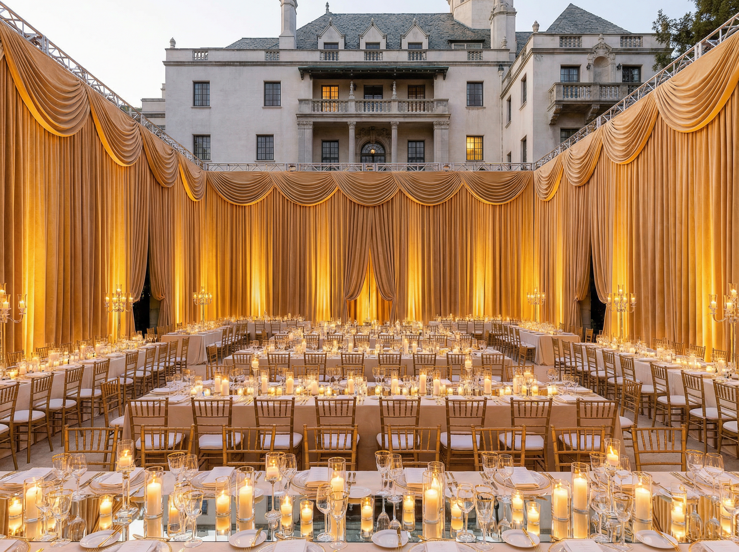 Courtyard fully draped in champagne cotton velvet for the Chateau Marmont Gala