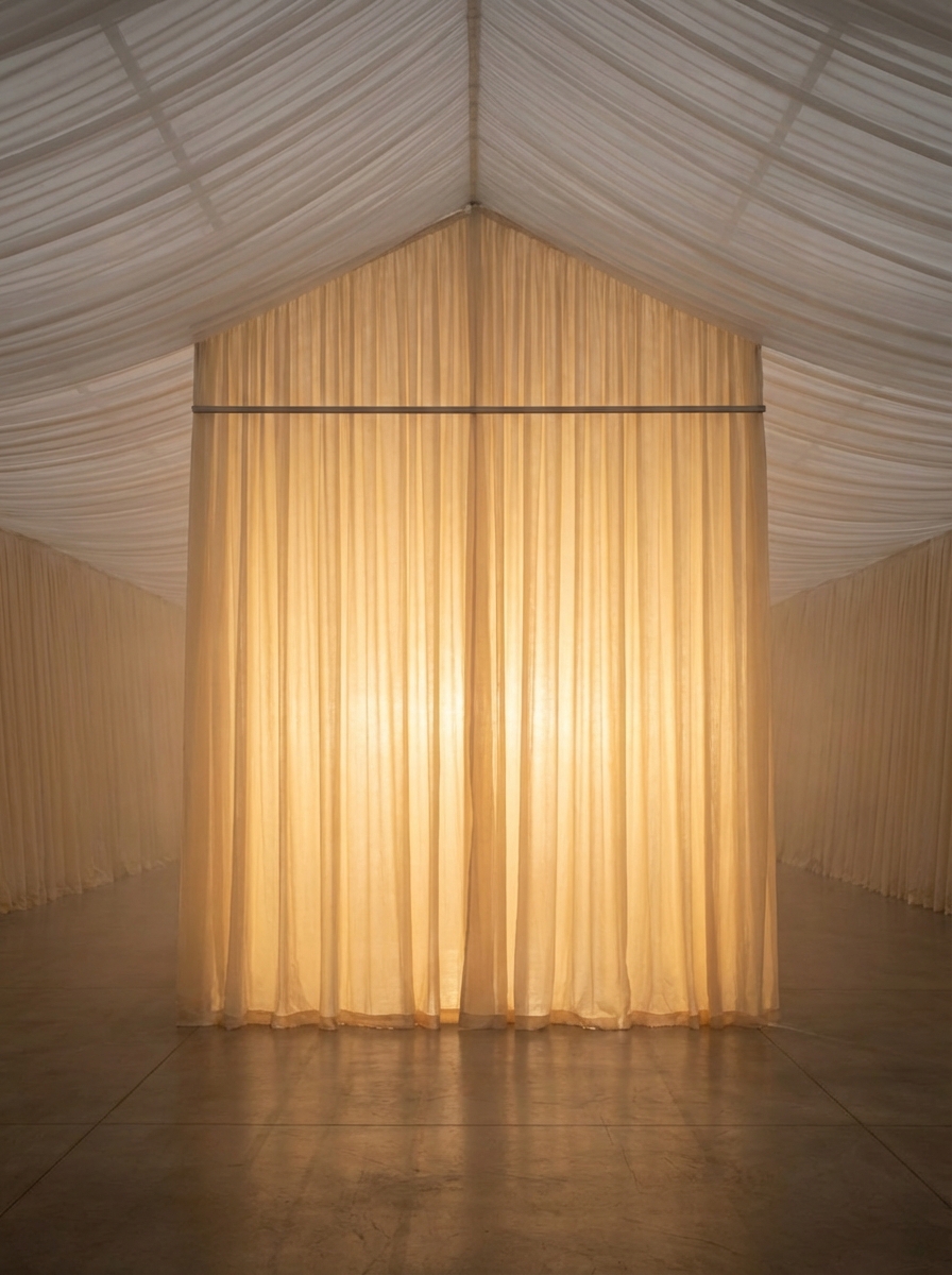 Motorized reveal curtain at the head of a draped runway