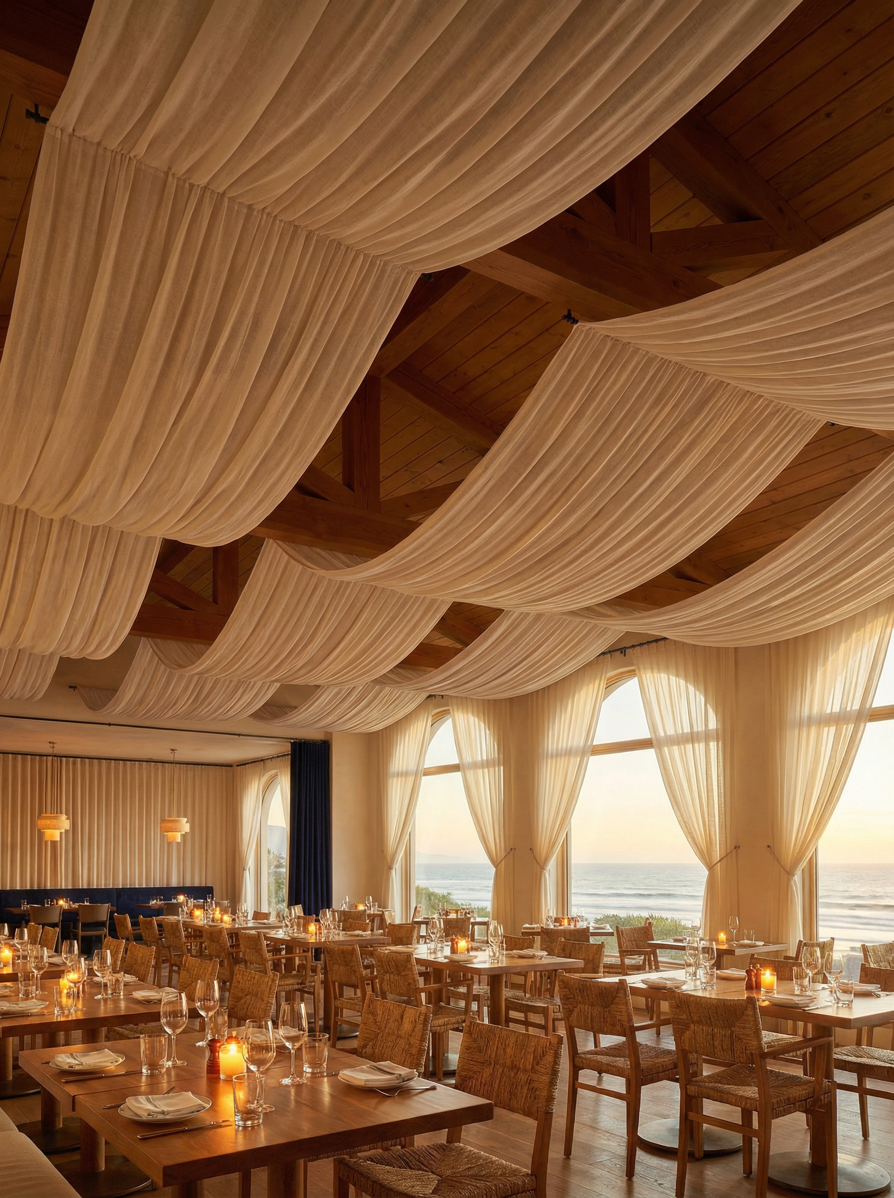 Fine Dining — Malibu — hospitality drapery installation detail 3