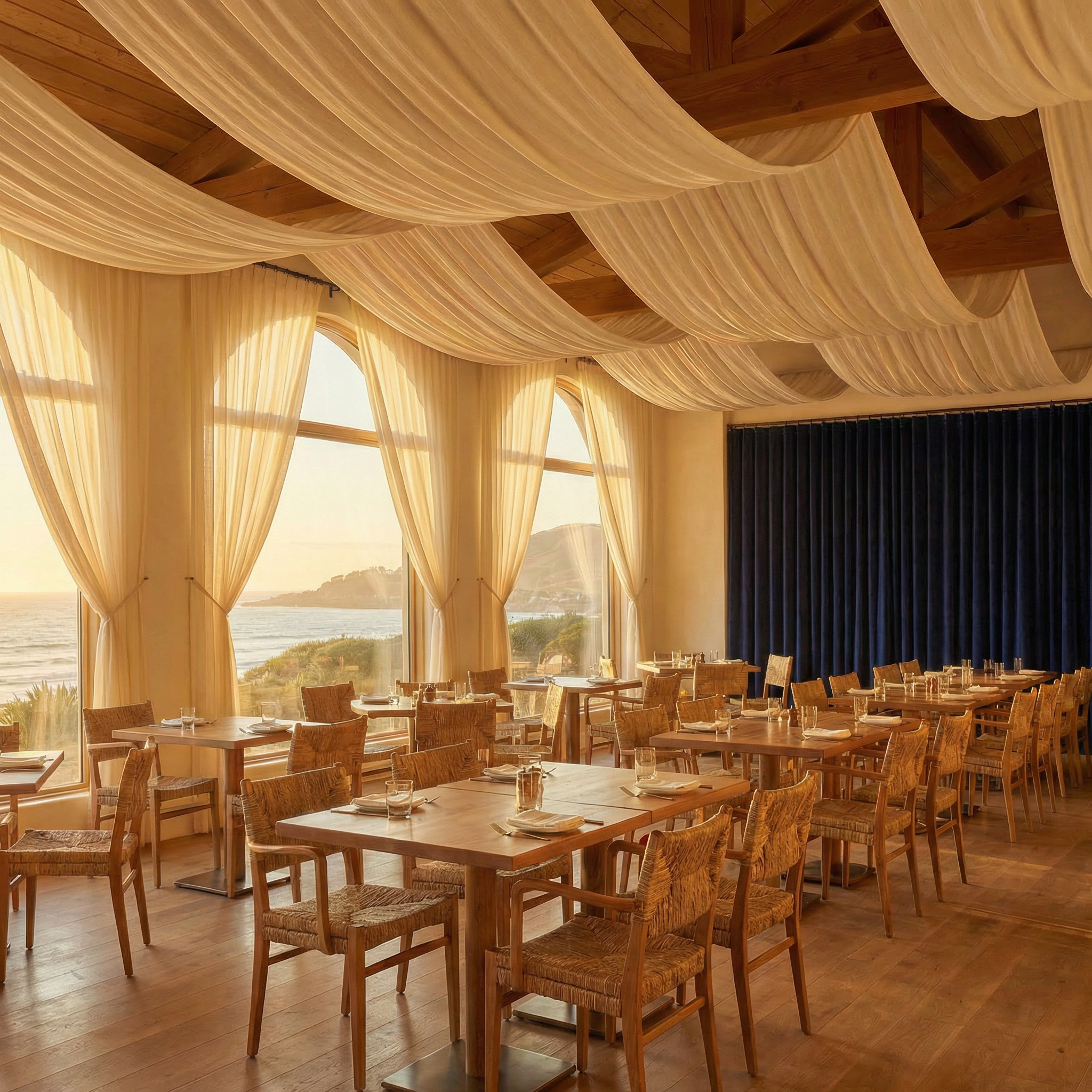 Fine Dining — Malibu — hospitality drapery installation detail 6