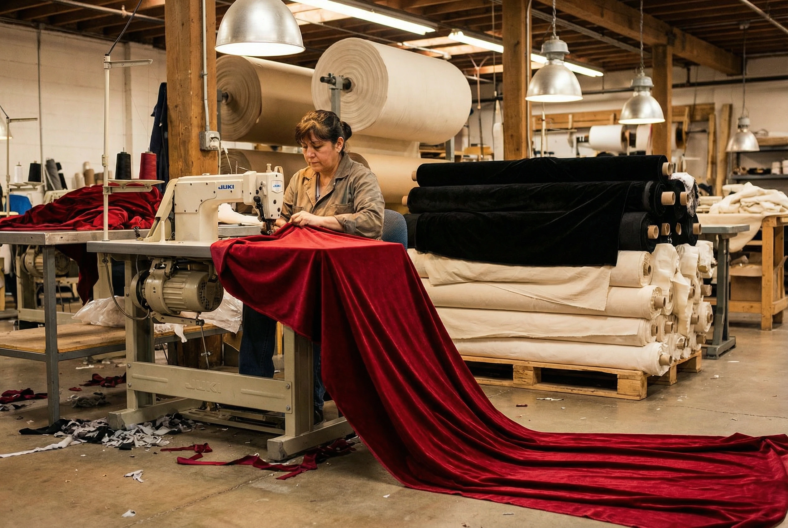 Large-scale scenic drape panels being fabricated in a professional workroom