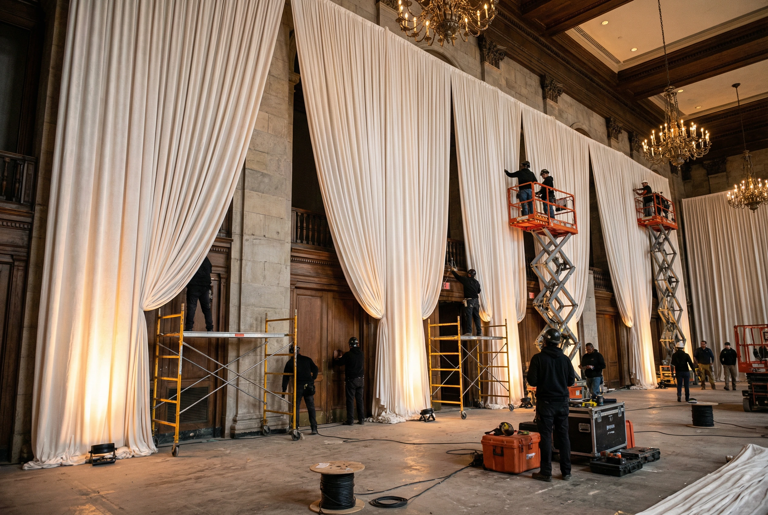 Crew installing pipe and drape system at a large-scale event