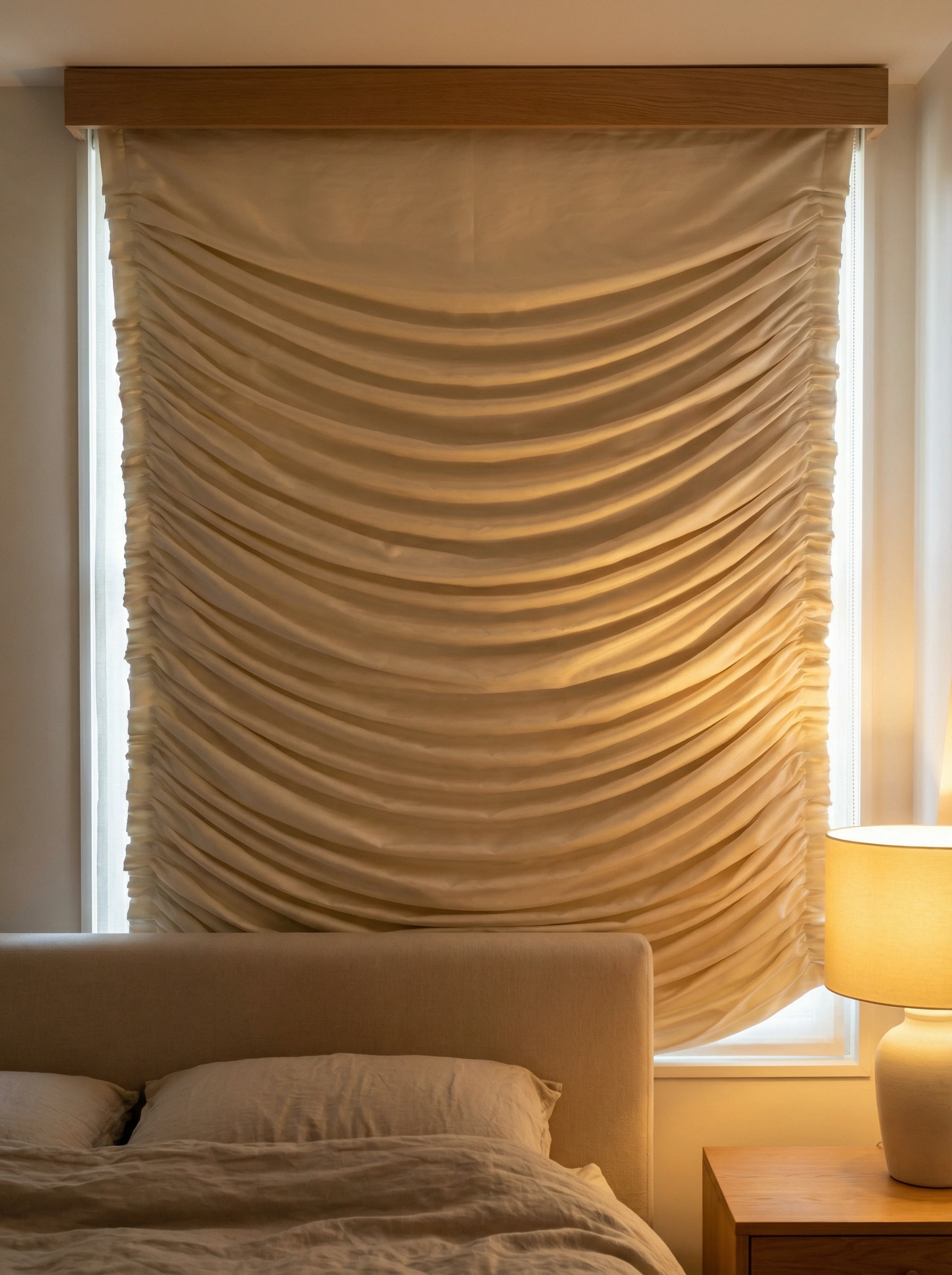 Hobbled roman shade with cascading soft folds in a bedroom setting
