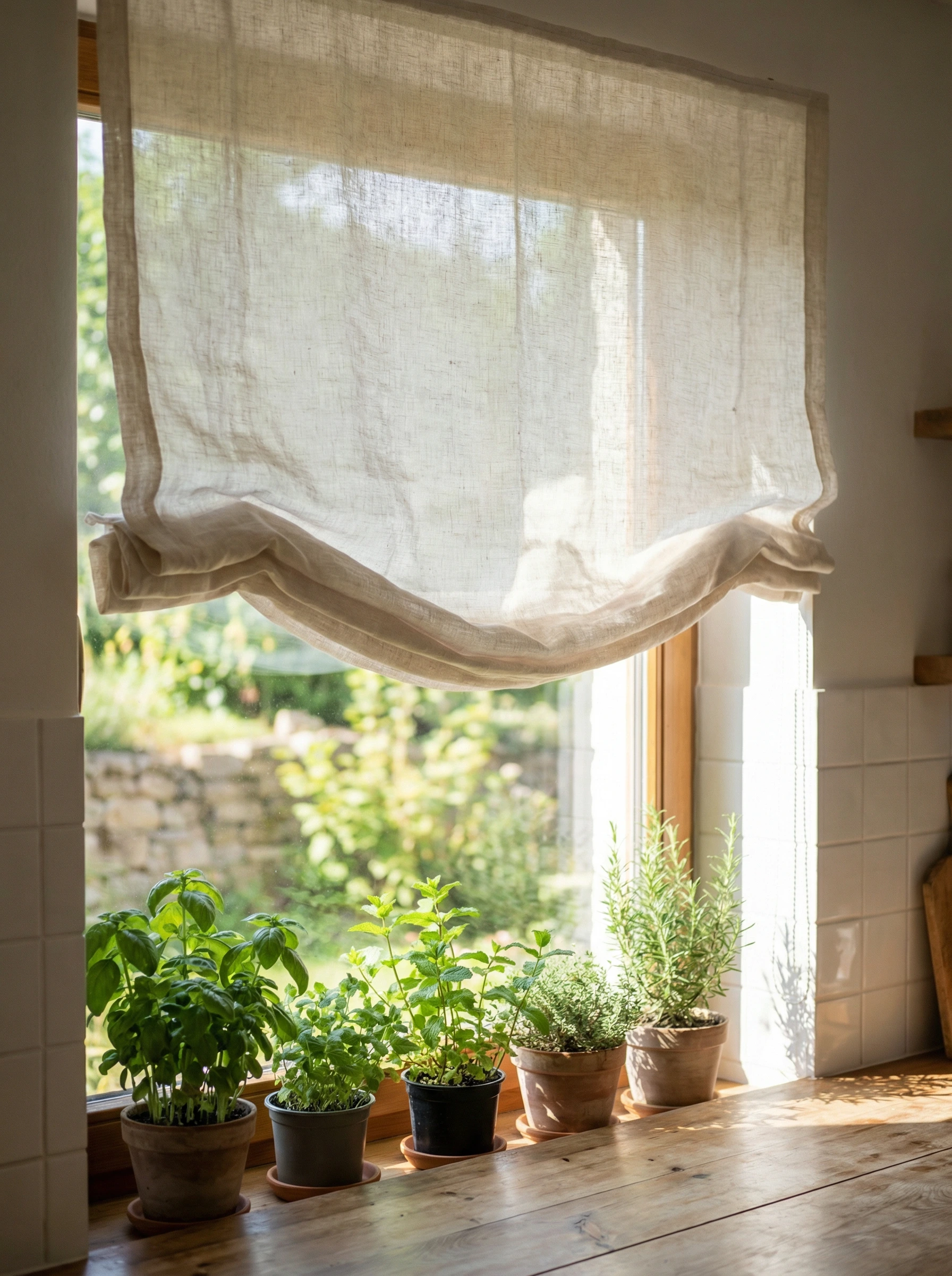 Relaxed roman shade with gentle curved bottom edge in a bright kitchen