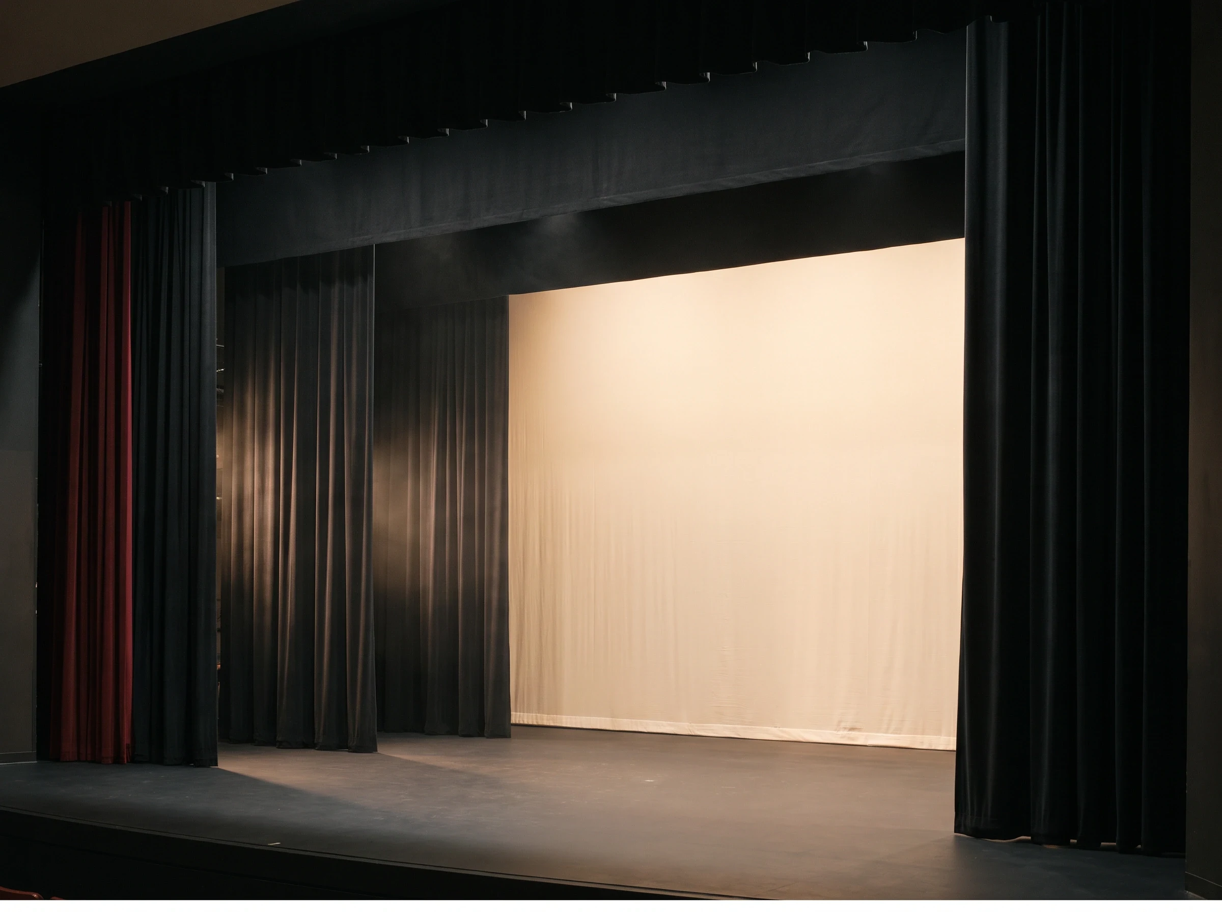 Black velvet stage masking panels dividing a large event space