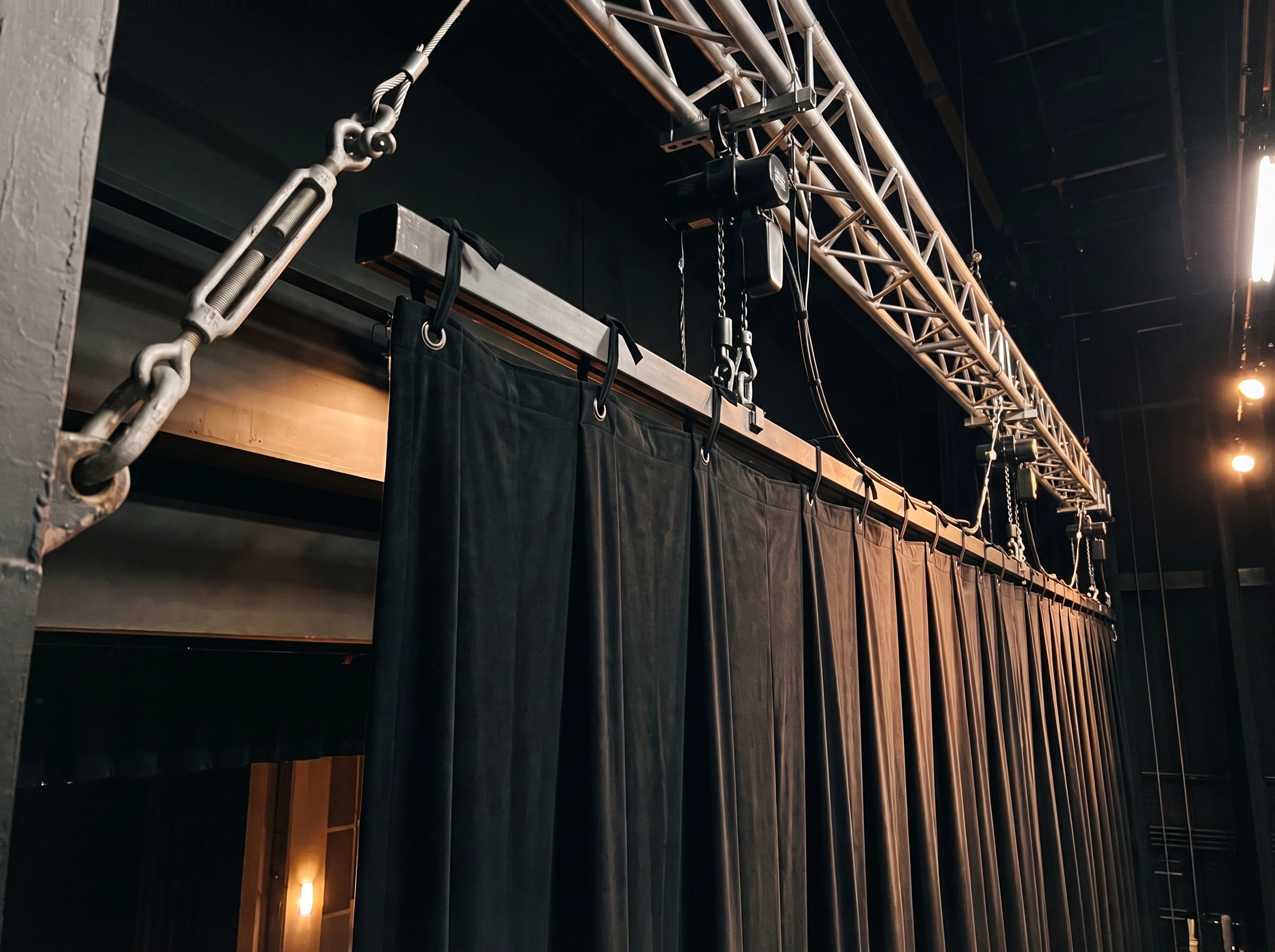 Crew rigging scenic drapery from truss above an event stage